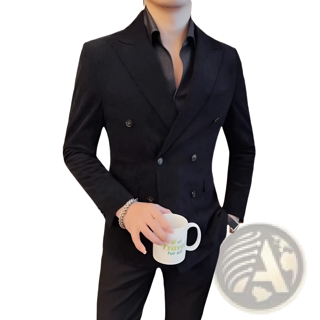 Men’s black corduroy double breasted suit jacket with subtle pinstripes and matching trousers front view