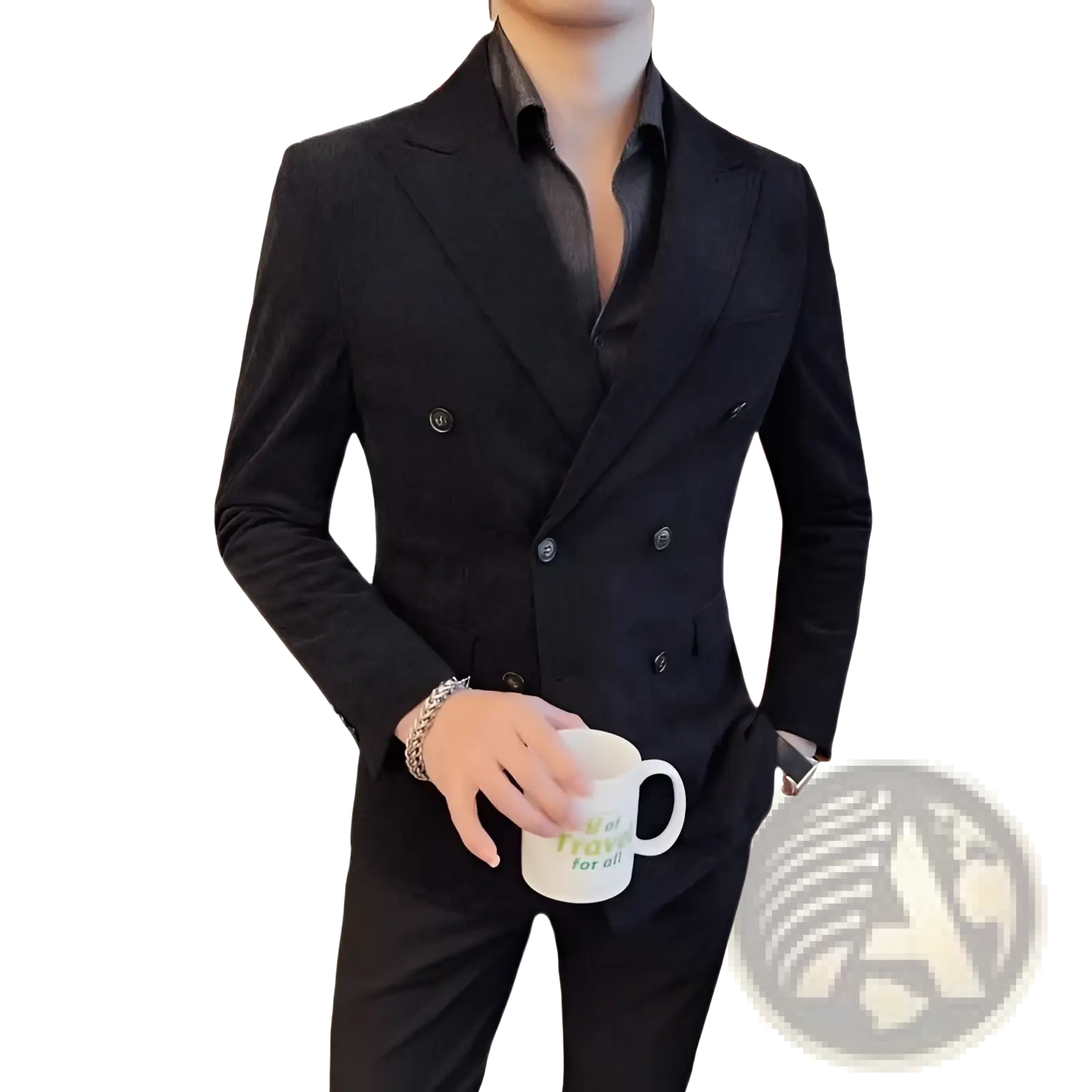 Men’s black corduroy double breasted suit jacket with subtle pinstripes and matching trousers front view