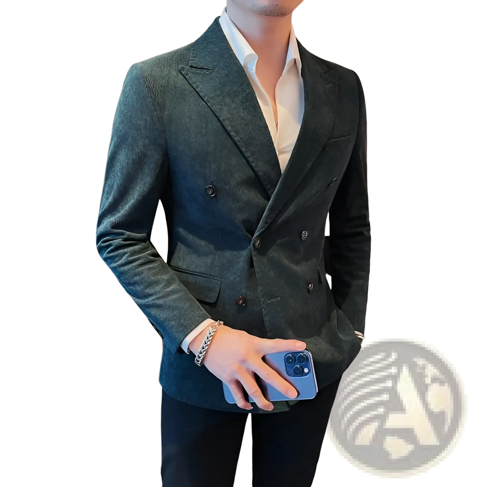 Dark green men’s corduroy double breasted suit jacket with textured ribbed fabric and classic notched lapels