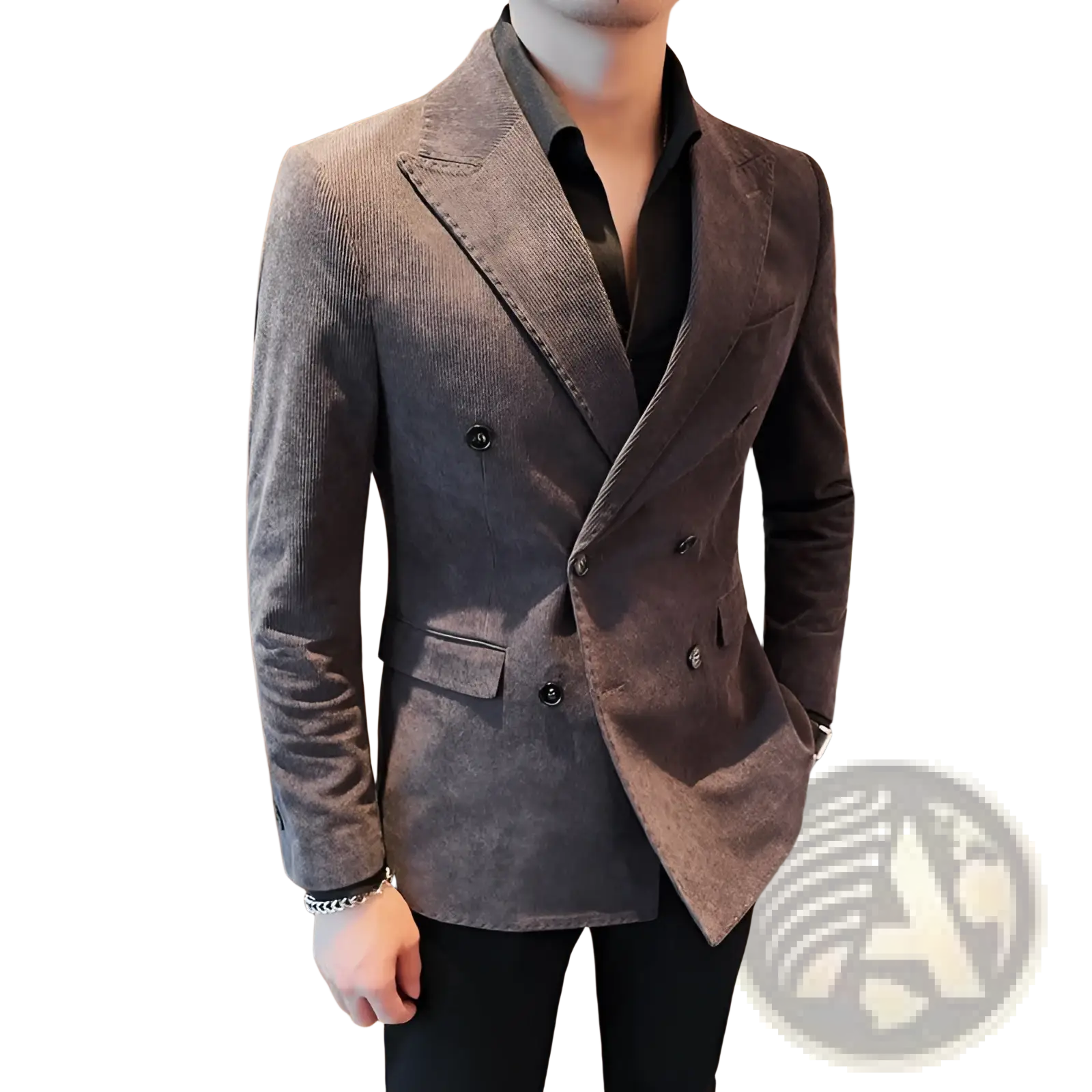 A stylish men’s corduroy double breasted suit jacket in textured gray with dark brown accents and black buttons