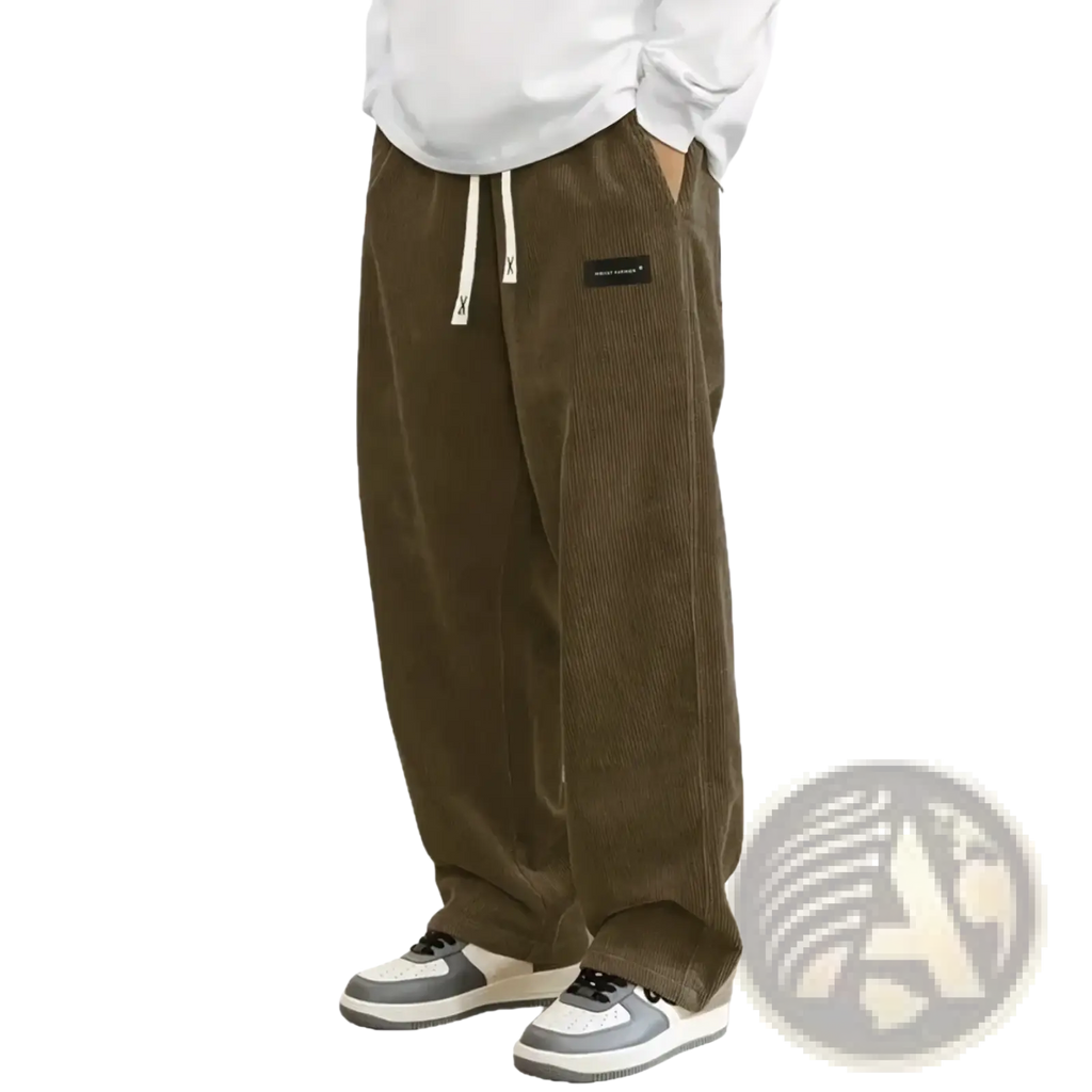 Men’s loose fit corduroy casual pants in olive green with white drawstring and black brand label