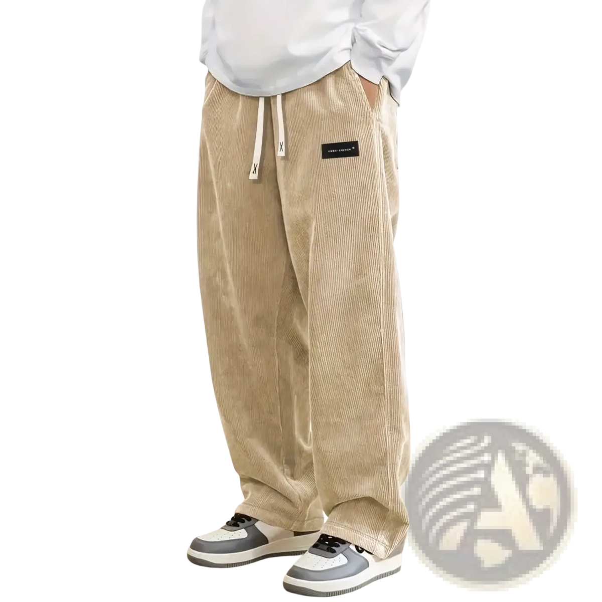Beige corduroy men’s casual pants with relaxed fit and drawstring waistband for comfortable everyday wear