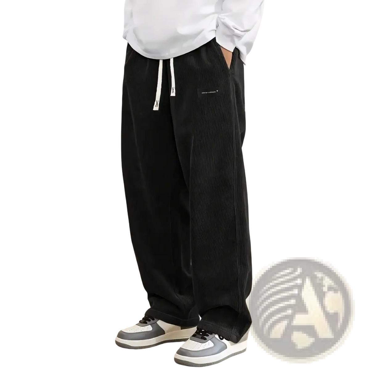 Men’s black corduroy drawstring casual pants with white drawstrings and a small black logo patch on the side