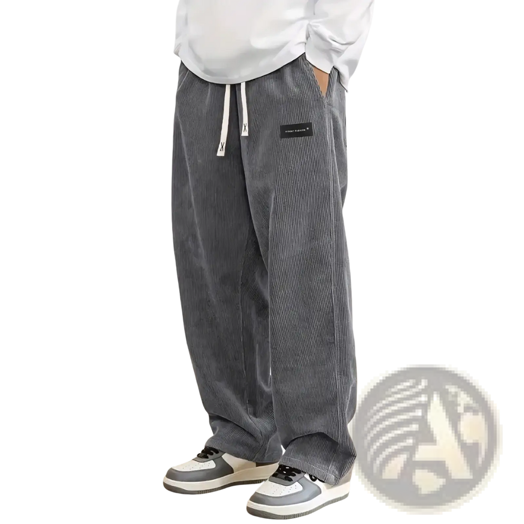 Men’s loose fit gray corduroy casual pants with vertical stripes and white drawstring waistband