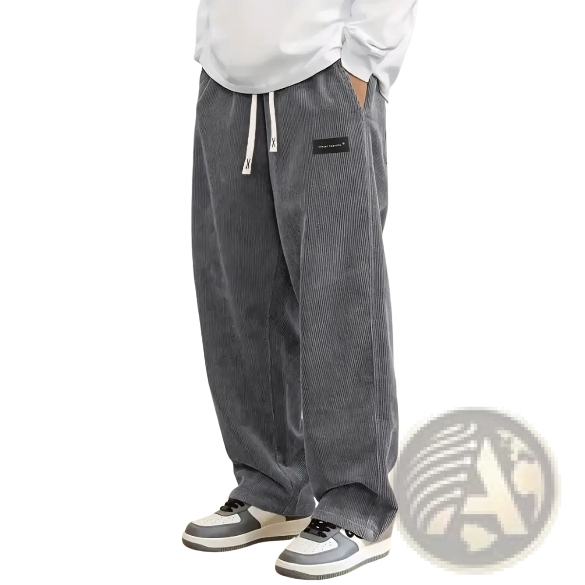 Men’s loose fit gray corduroy casual pants with vertical stripes and white drawstring waistband