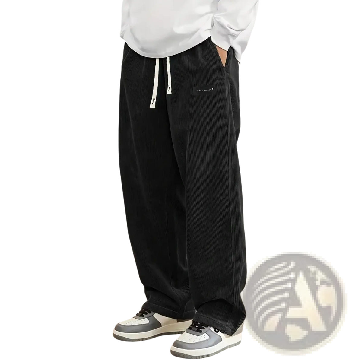 Men’s black corduroy wide-leg casual pants with white drawstrings and a small embroidered logo on the thigh