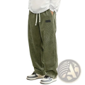 Men’s olive green corduroy drawstring casual pants with a relaxed fit and white drawstrings for comfort