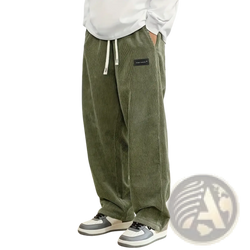 Men’s olive green corduroy drawstring casual pants with a relaxed fit and white drawstrings for comfort