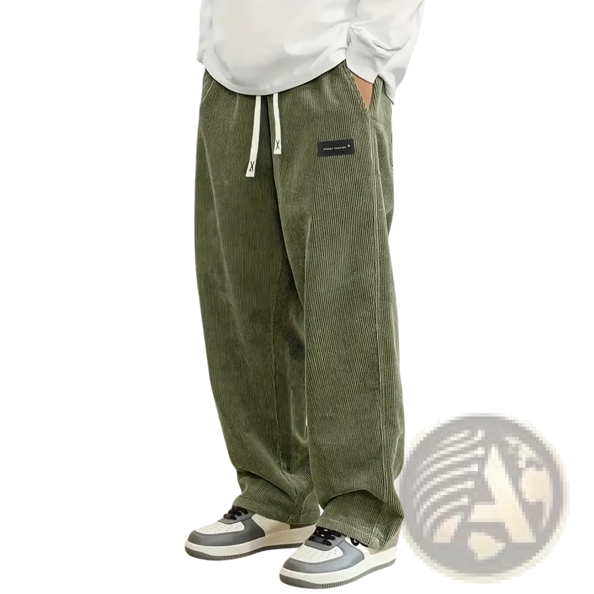 Men’s olive green corduroy drawstring casual pants with a relaxed fit and white drawstrings for comfort