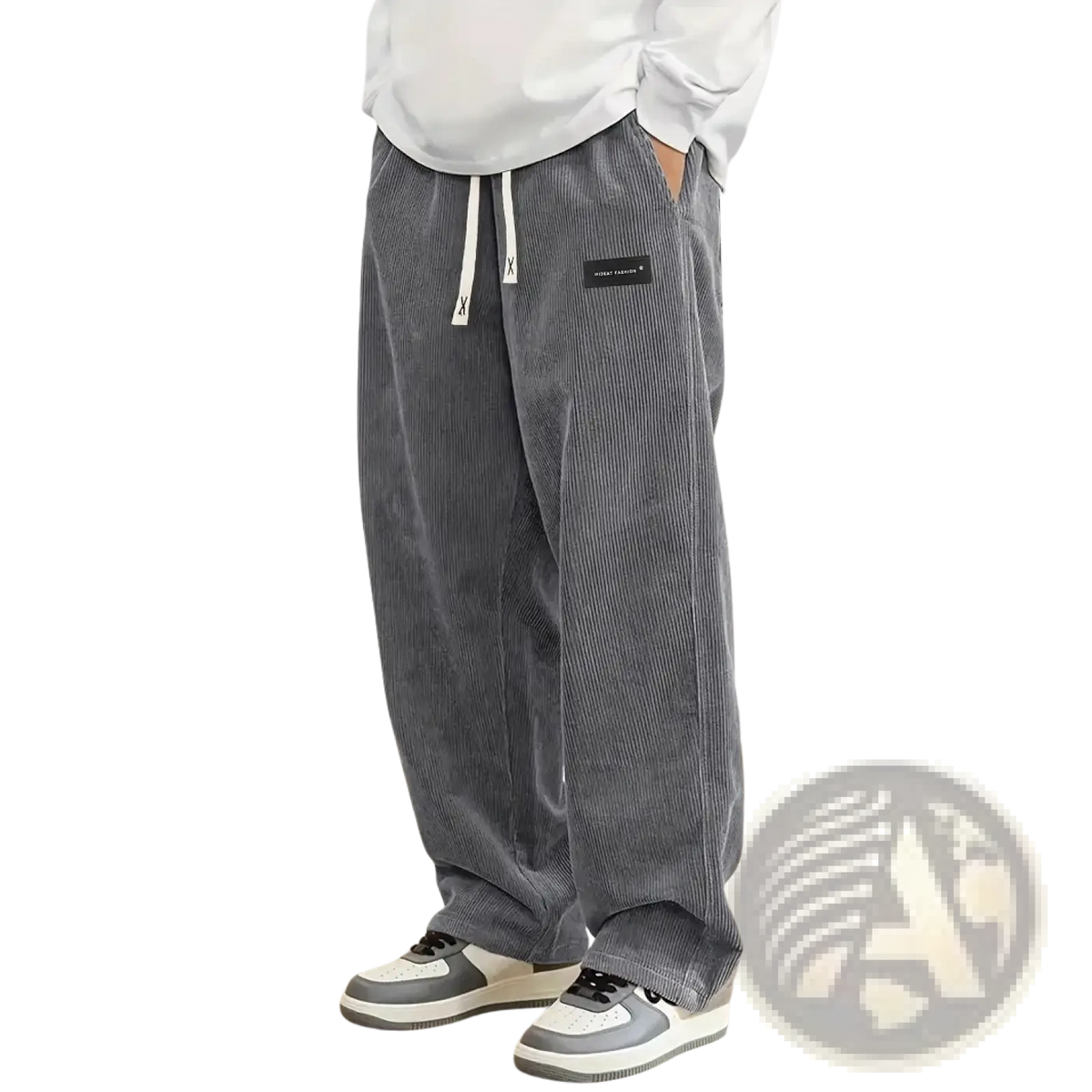 Men’s gray corduroy drawstring casual pants with vertical stripes and a small black label on the thigh