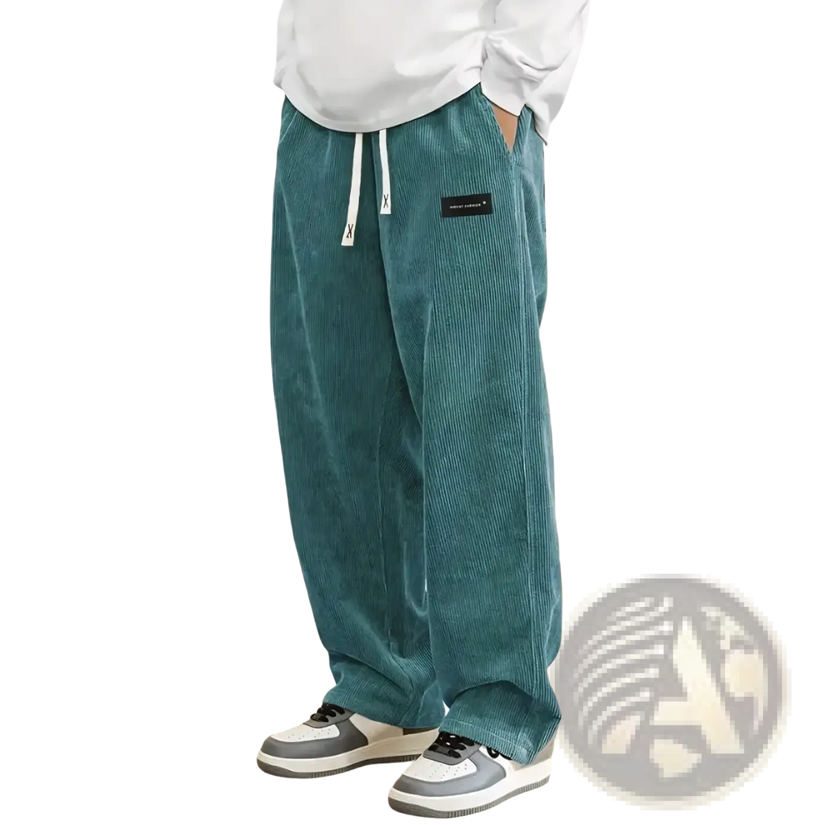 Men’s teal corduroy wide-leg casual pants with white drawstrings and a black brand patch for loose fit comfort