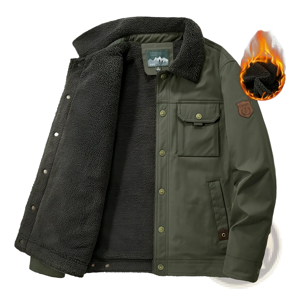 Men’s corduroy fleece lined quilted patch jacket in olive green with shearling lining and dark gray plush fleece interior