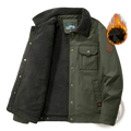 Men’s corduroy fleece lined quilted patch jacket in olive green with shearling lining and dark gray plush fleece interior