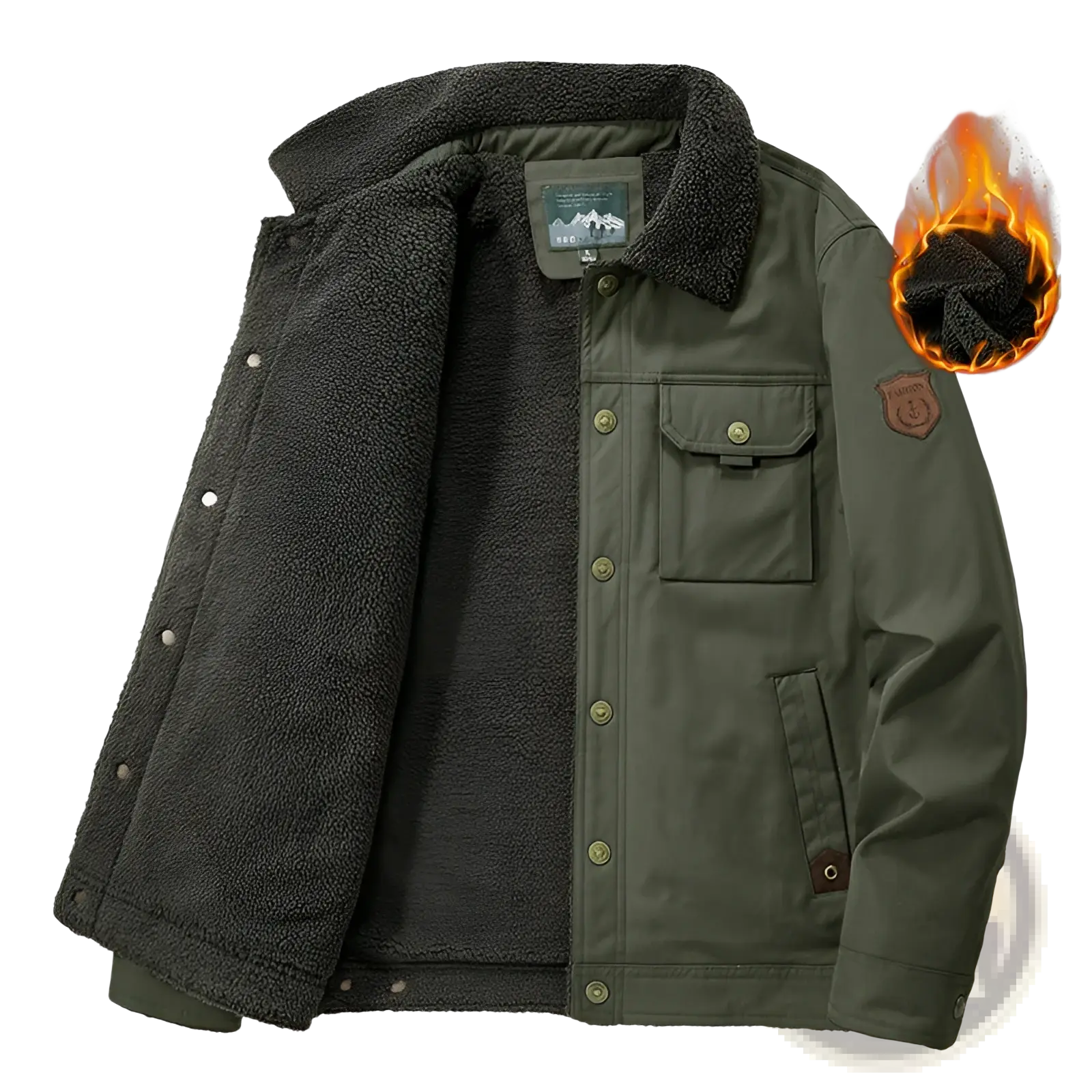 Men’s corduroy fleece lined quilted patch jacket in olive green with shearling lining and dark gray plush fleece interior