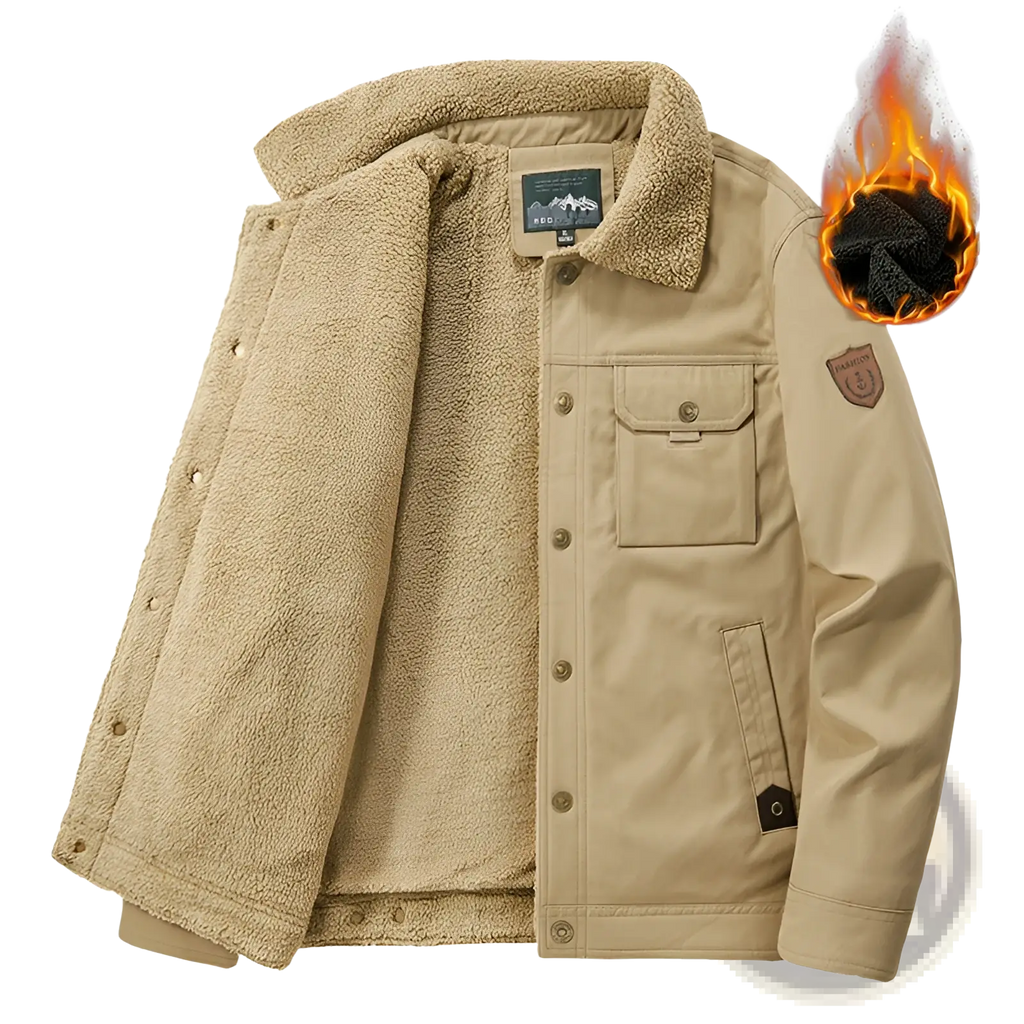 Men’s beige corduroy jacket with shearling lining quilted front and button closures for cold weather