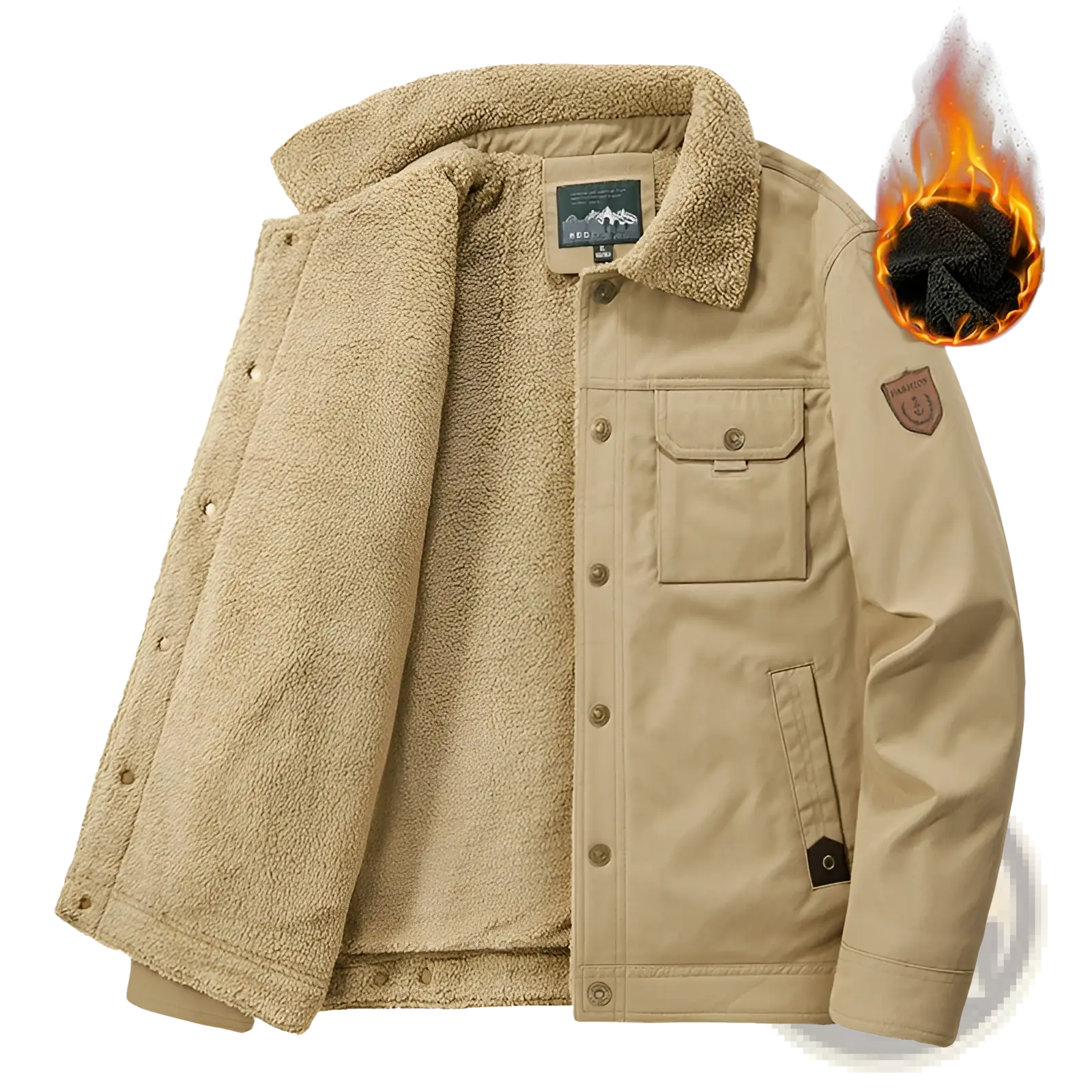 Men’s beige corduroy jacket with shearling lining quilted front and button closures for cold weather