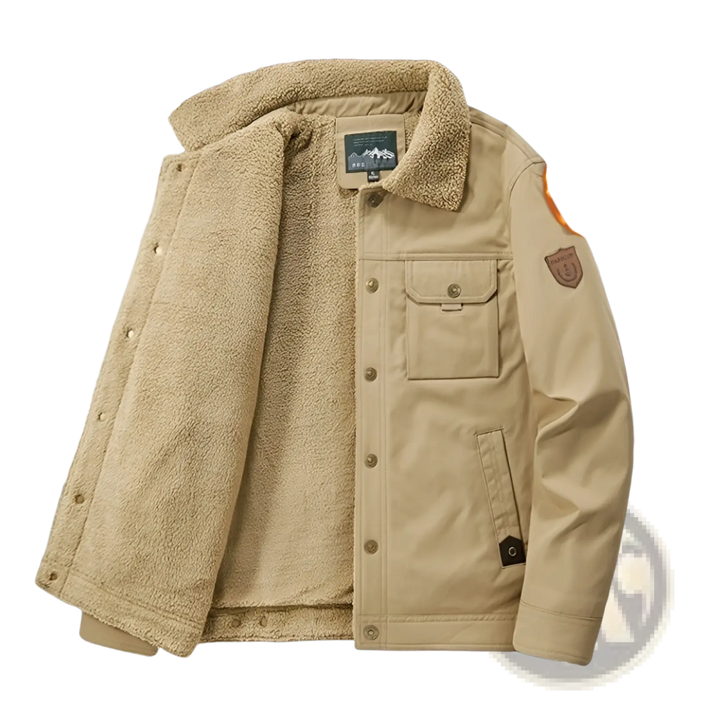 Men’s khaki corduroy jacket with shearling lining quilted exterior and button closures for cold weather wear