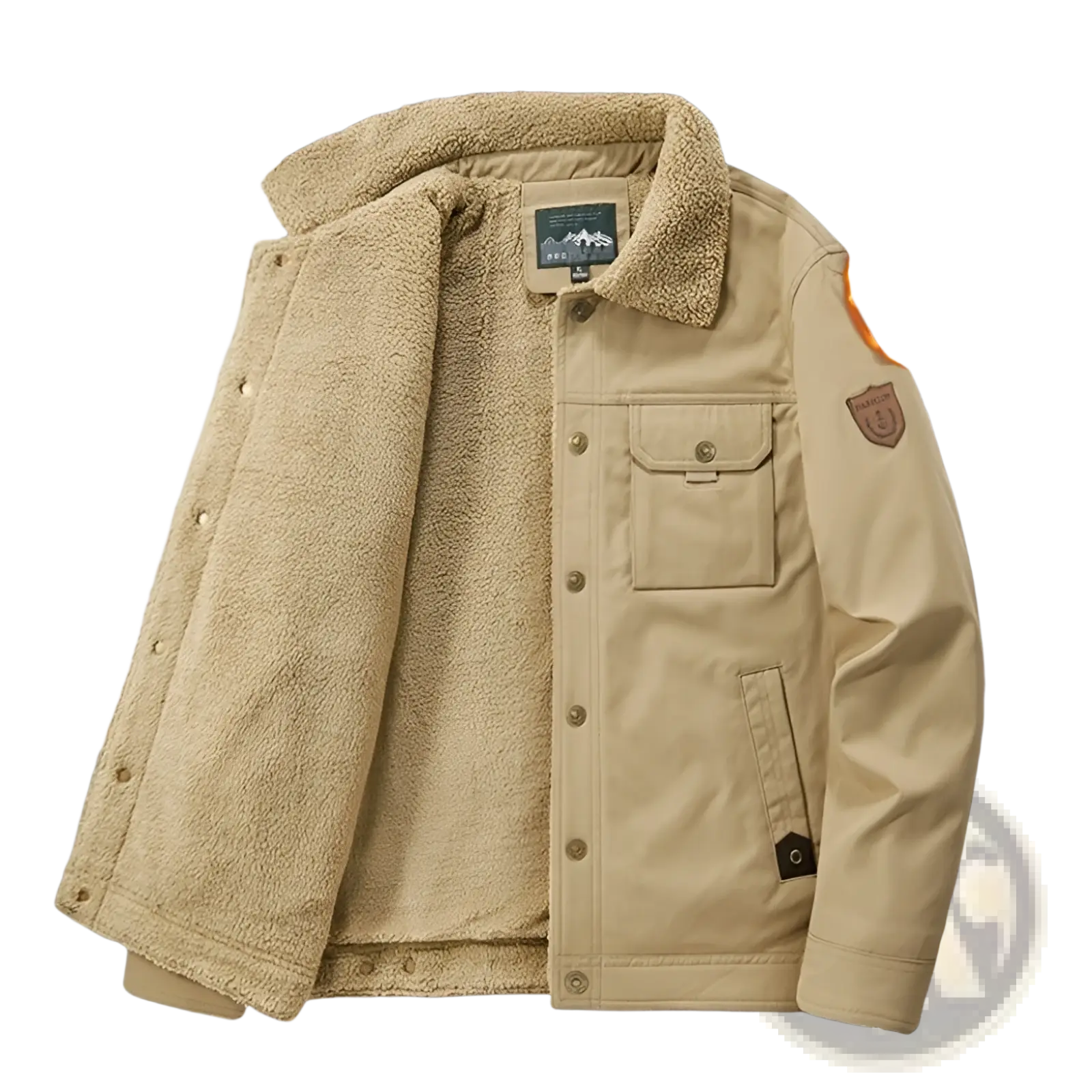Men’s khaki corduroy jacket with shearling lining quilted exterior and button closures for cold weather wear