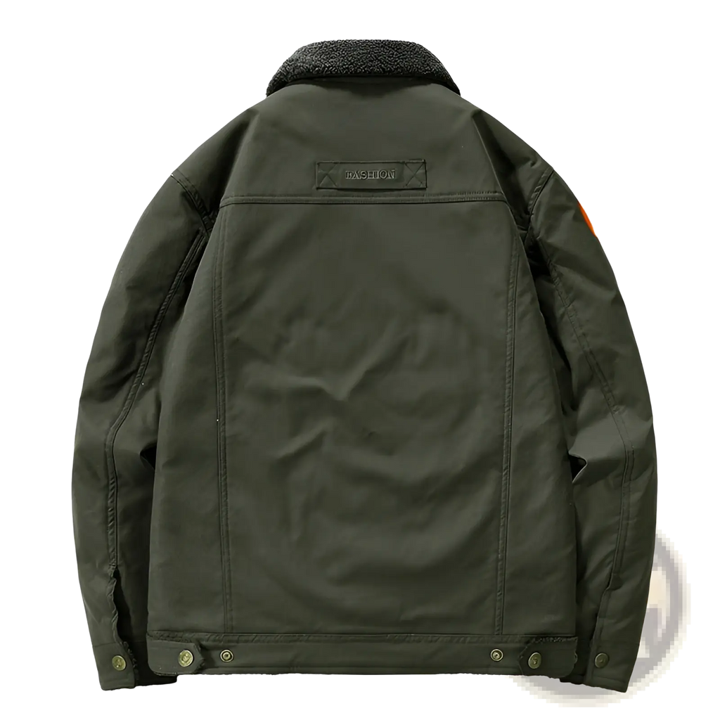 Mens corduroy fleece lined quilted patch jacket in olive green showing back with shearling lining and subtle fashion patch