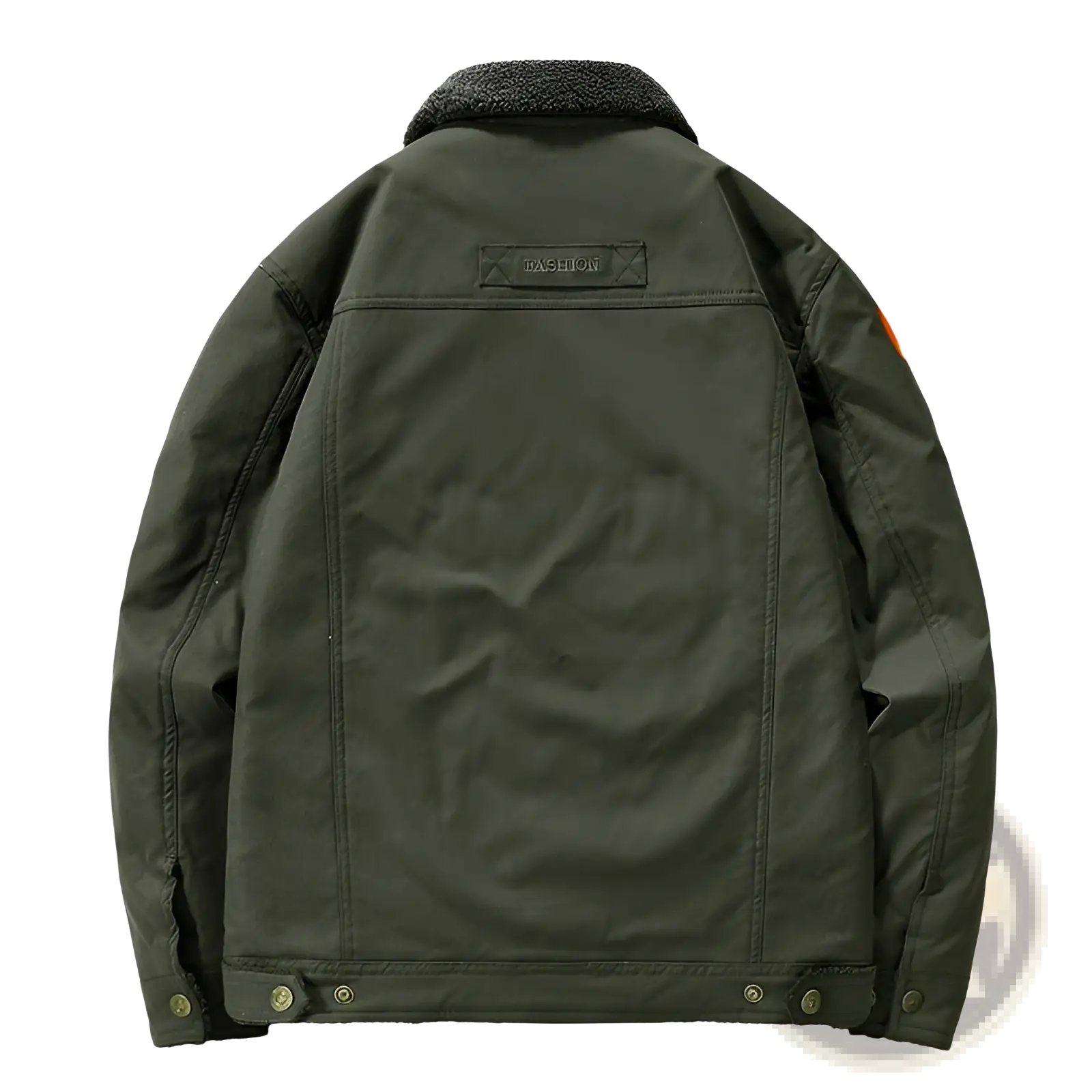 Mens corduroy fleece lined quilted patch jacket in olive green showing back with shearling lining and subtle fashion patch