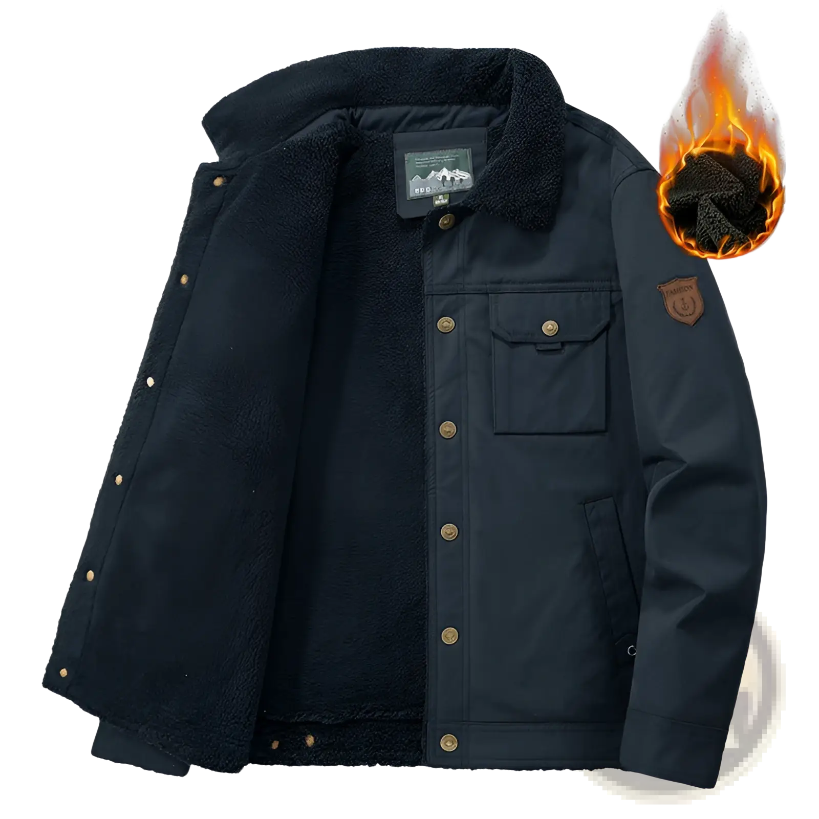 Men’s dark navy blue corduroy fleece lined quilted jacket with shearling lining gold buttons and brown sleeve patch
