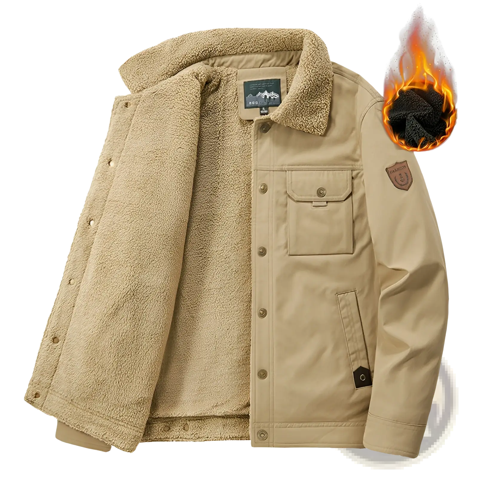 Men’s beige corduroy quilted patch jacket with shearling lining and button closures for warmth and style
