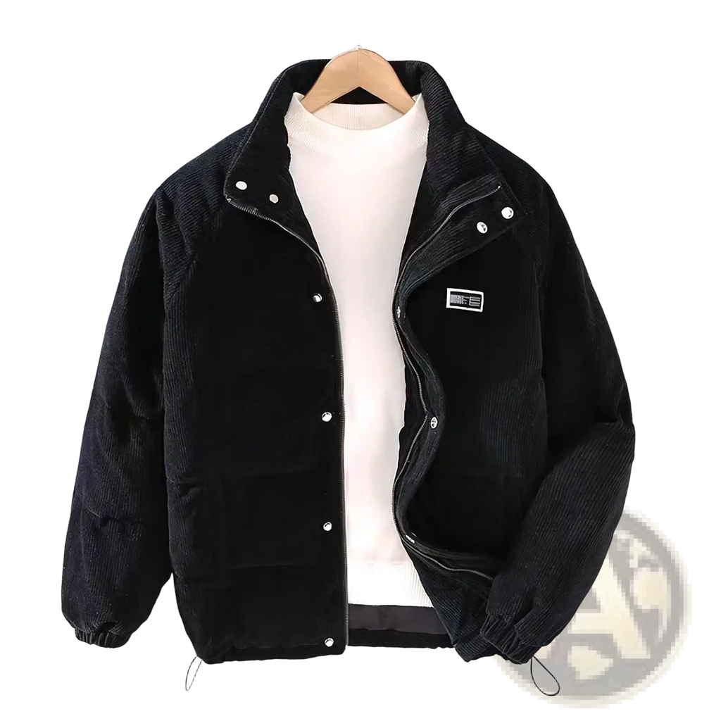 Mens black corduroy puffer jacket with silver buttons and chest patch retro winter warm coat