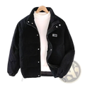 Mens black corduroy puffer jacket with silver buttons and chest patch retro winter warm coat