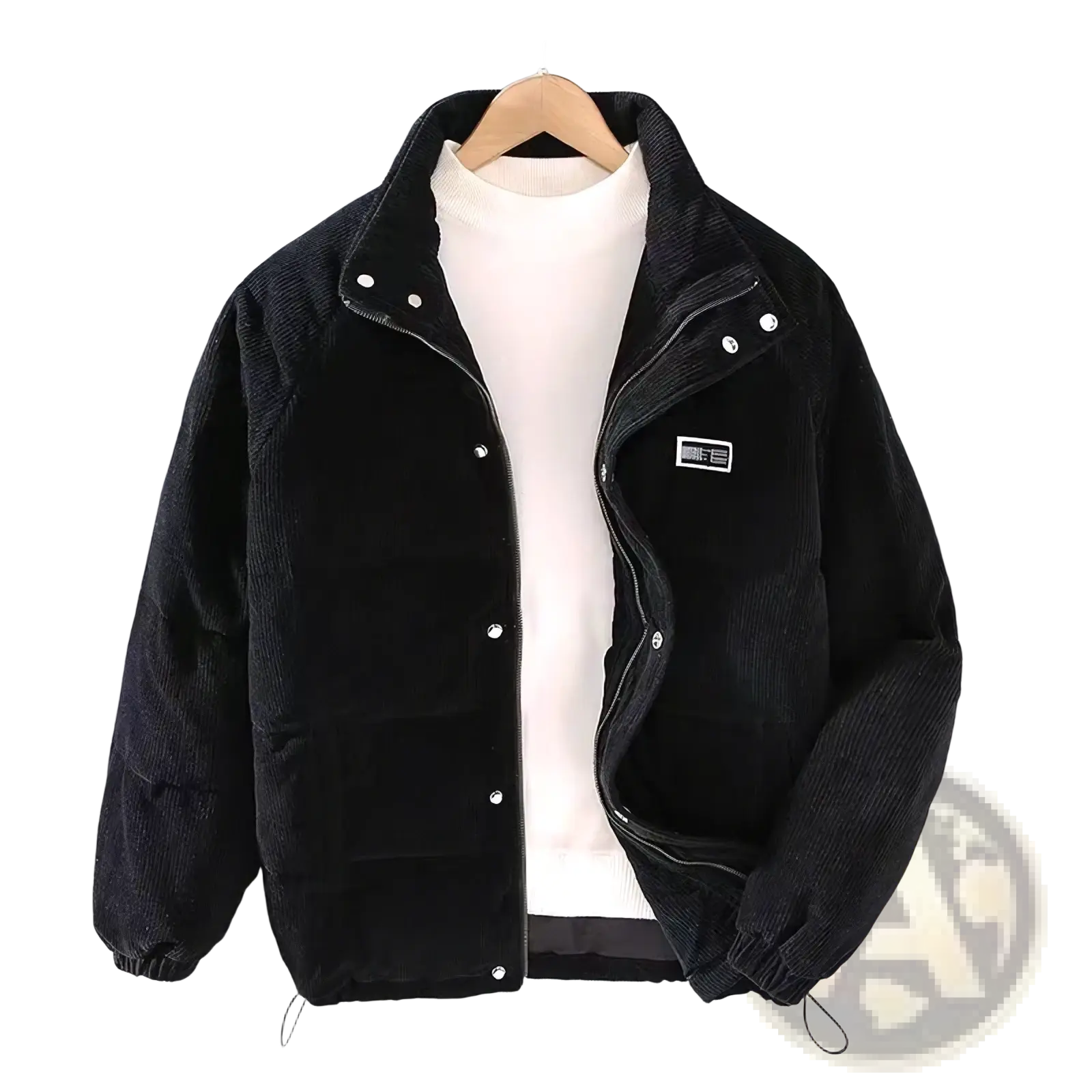 Mens black corduroy puffer jacket with silver buttons and chest patch retro winter warm coat