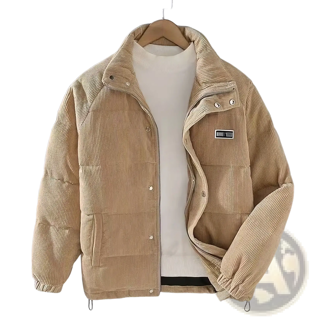 Beige corduroy puffer jacket with quilted design and button closures for mens retro winter warm coat