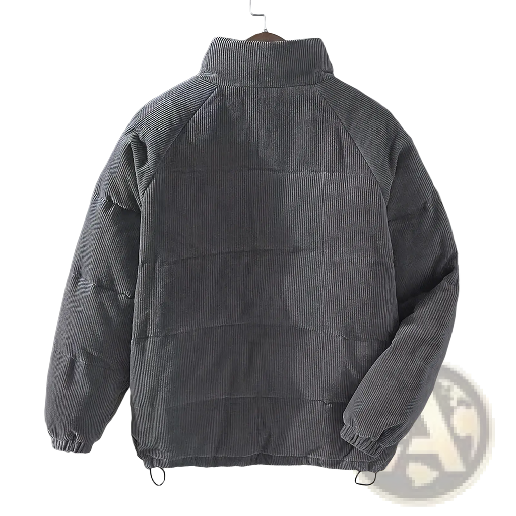 Mens gray corduroy puffer jacket with high collar and ribbed cuffs for retro winter warmth and style