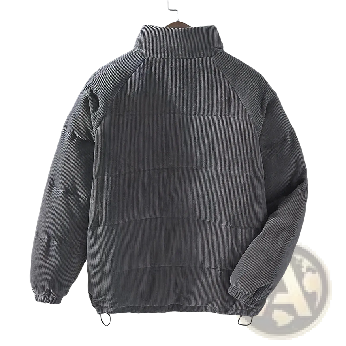 Mens gray corduroy puffer jacket with high collar and ribbed cuffs for retro winter warmth and style