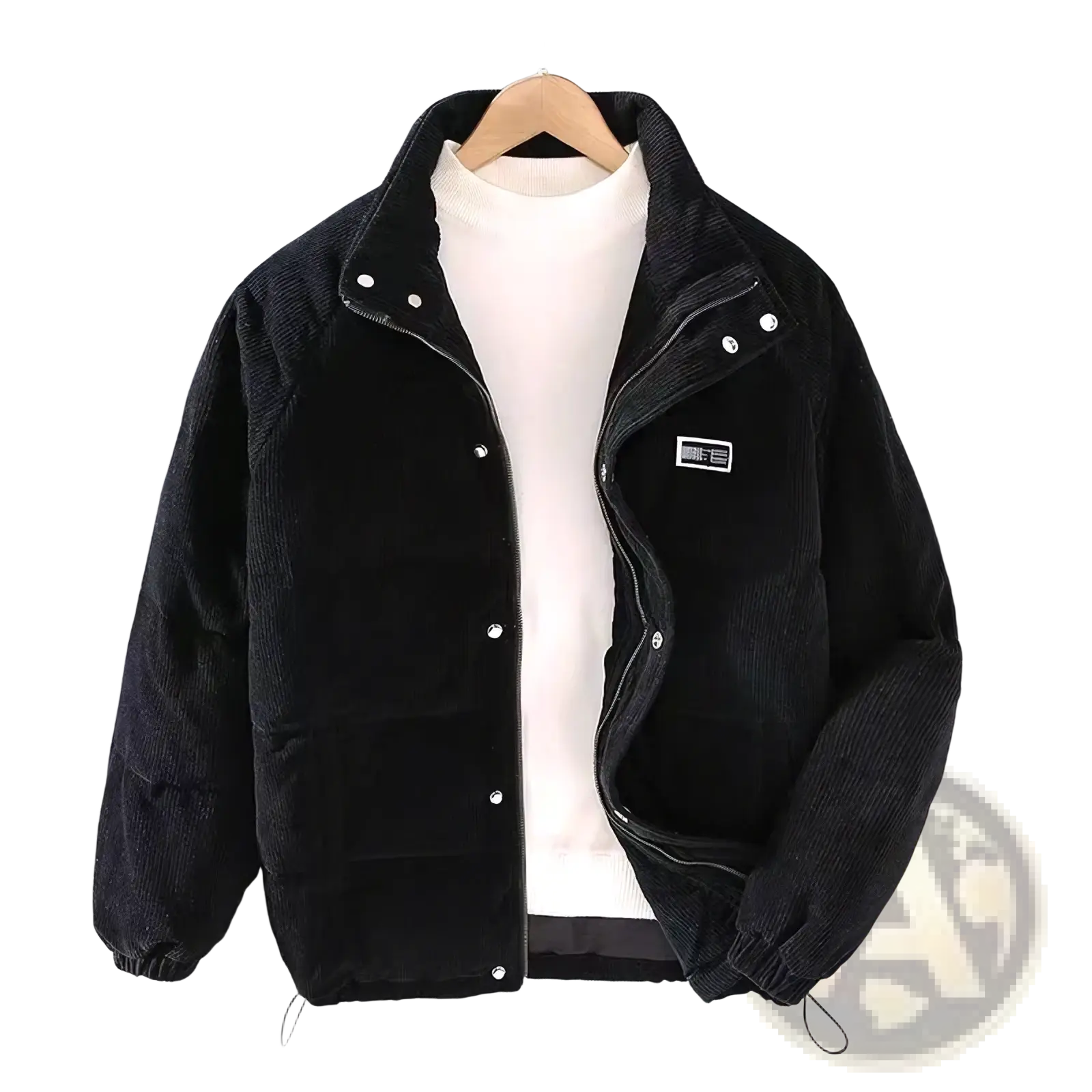 Mens black corduroy puffer jacket with silver buttons and a small patch for retro winter warmth