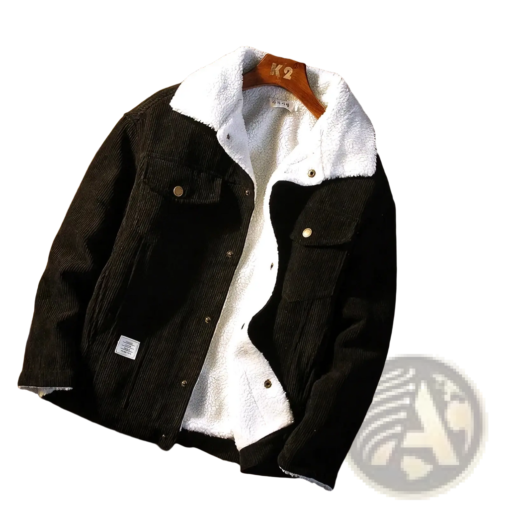 Men’s black corduroy shearling winter jacket with plush white collar and lining for cold weather use