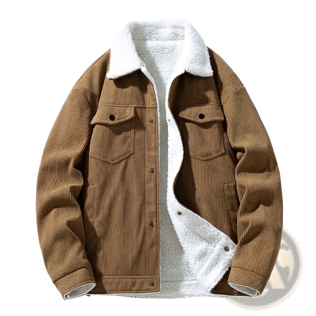 Men’s brown corduroy shearling winter jacket with plush white lining and black button closures for cold weather use