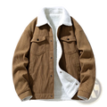 Men’s brown corduroy shearling winter jacket with plush white lining and black button closures for cold weather use