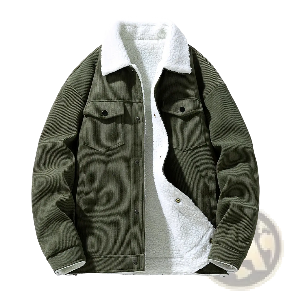 Men’s olive green corduroy shearling winter jacket with plush white lining and two front chest pockets