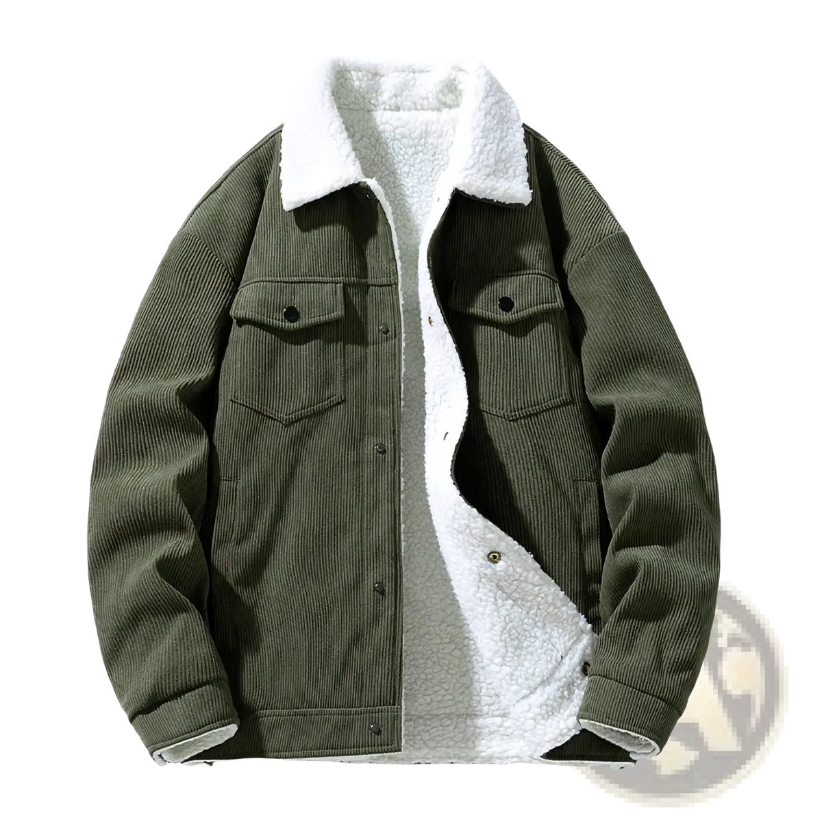 Men’s olive green corduroy shearling winter jacket with plush white lining and two front chest pockets