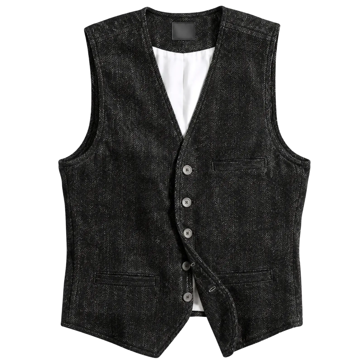 Mens corduroy tweed suit vest waistcoat in black herringbone wool with silver buttons and two front pockets