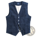 Mens corduroy tweed suit vest waistcoat in dark blue denim with v neck front button closure and two flap pockets