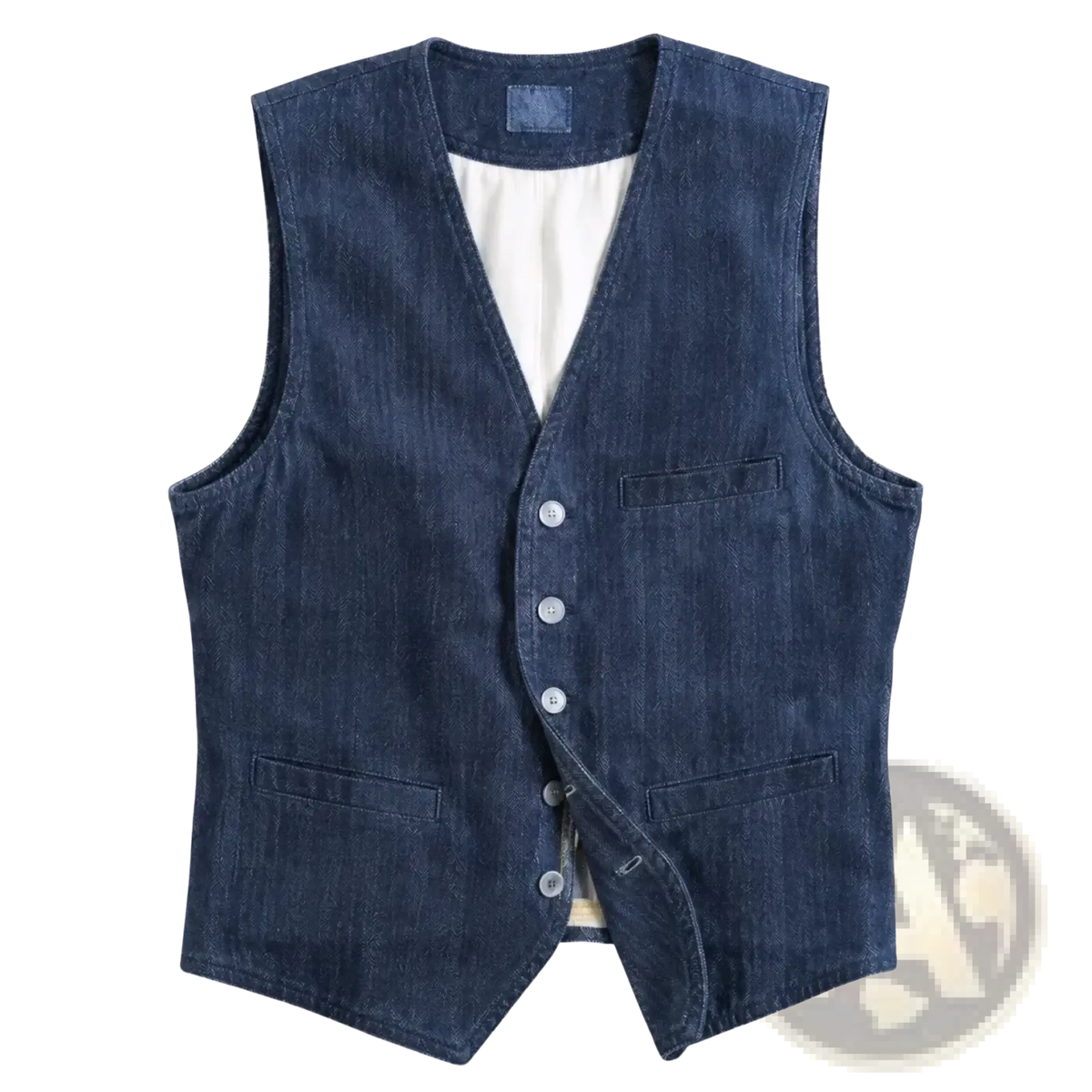 Mens corduroy tweed suit vest waistcoat in dark blue denim with v neck front button closure and two flap pockets