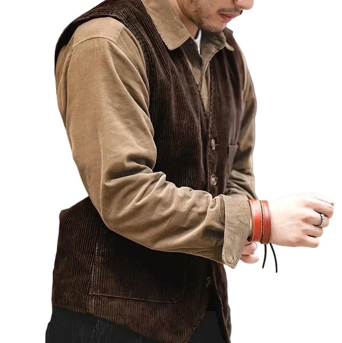 Mens corduroy tweed suit vest waistcoat in brown with button-front closure and visible stitching details