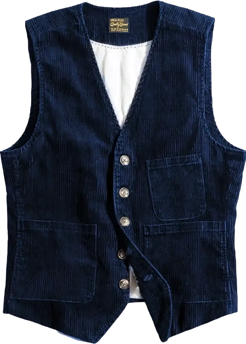 Mens corduroy tweed suit vest waistcoat in dark blue with classic v-neck front button closure and two flap pockets