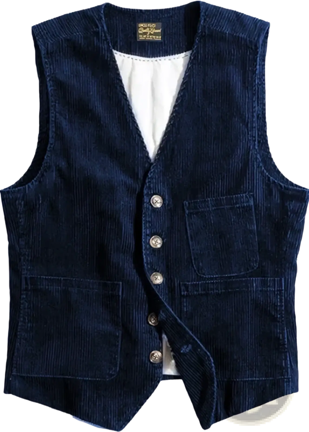 Mens corduroy tweed suit vest waistcoat in dark blue with classic v-neck front button closure and two flap pockets