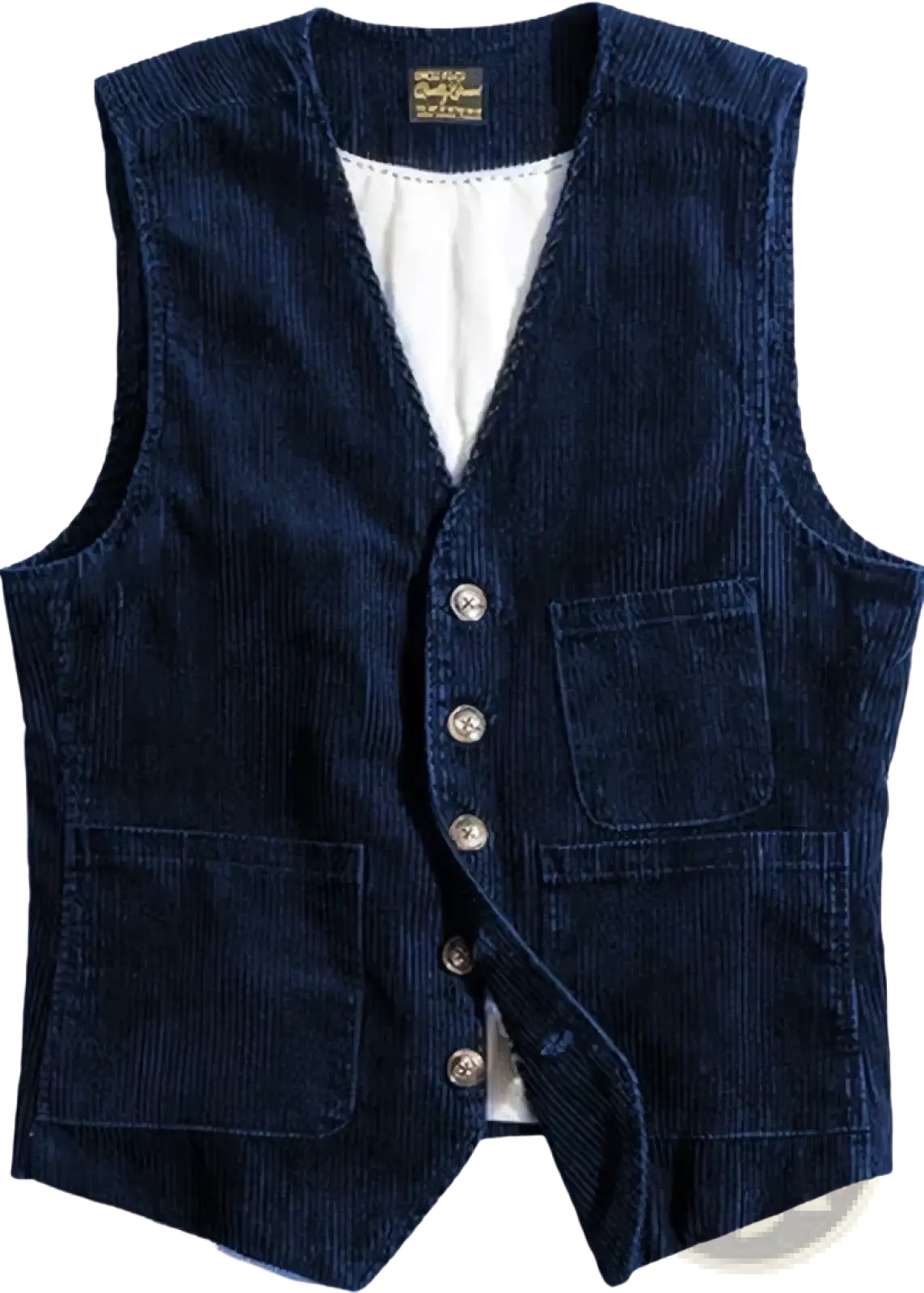 Mens corduroy tweed suit vest waistcoat in dark blue with classic v-neck front button closure and two flap pockets