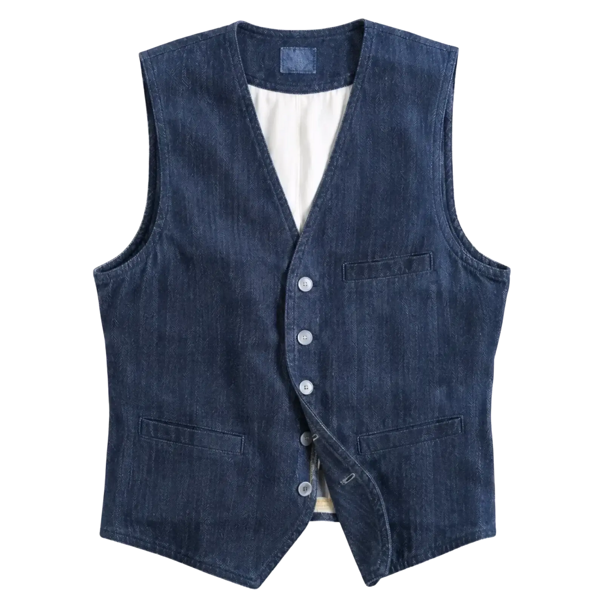 Mens corduroy tweed suit vest waistcoat in dark blue denim with v neck front button closure and two flap pockets
