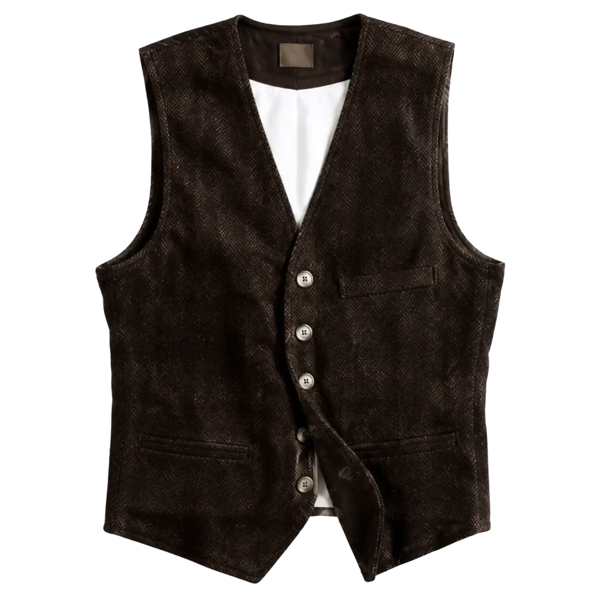 Mens dark brown corduroy tweed vest with herringbone pattern silver buttons and two front pockets