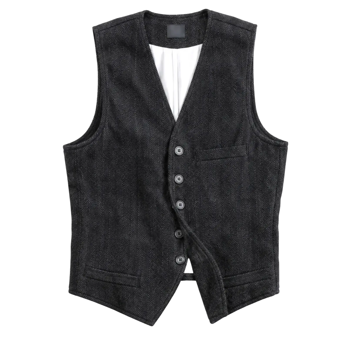 Mens corduroy tweed suit vest waistcoat in dark gray herringbone wool with five buttons and two front pockets