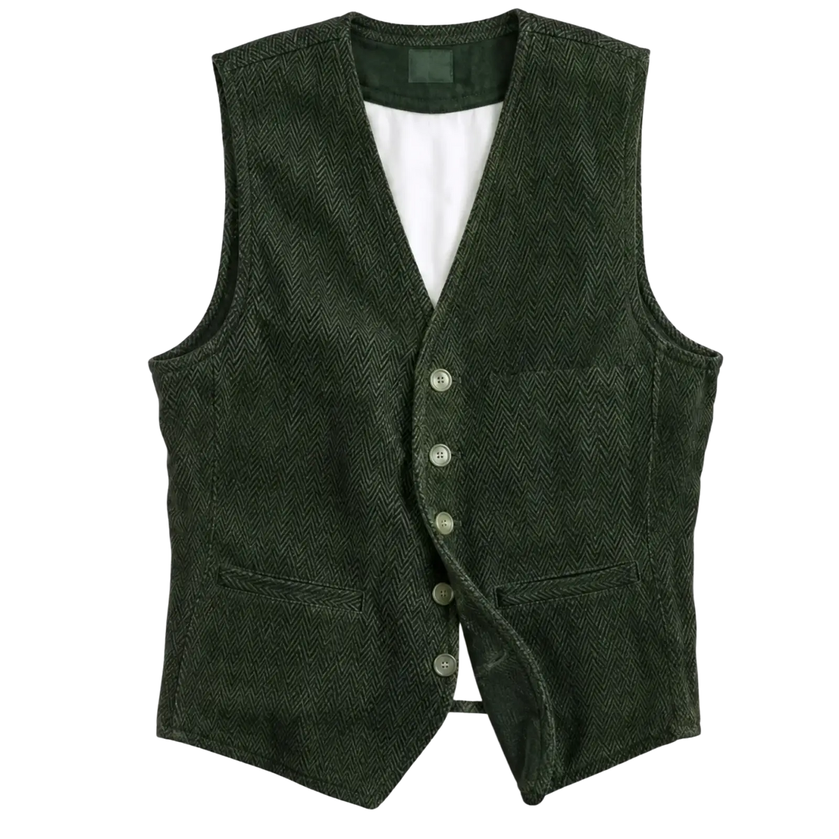 Mens corduroy tweed suit vest waistcoat in dark green herringbone pattern with five buttons and two front pockets