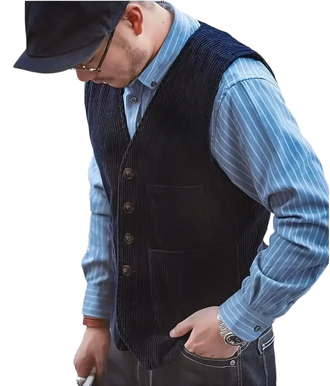 Mens corduroy tweed suit vest waistcoat in dark navy with vertical ribbed texture and matching buttons